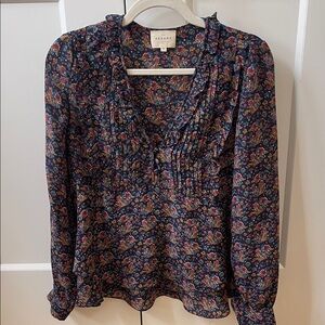Sezane Dark Floral Silk Blouse - Navy and Multicolor